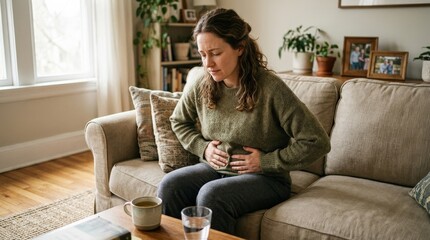 Obraz premium A woman holding her abdomen with bloating discomfort, natural home interior, soft daylight and realistic wellness concept with gentle concern, ultra-realistic, no logos.