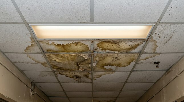 Water stains spreading across ceiling tiles beneath a light fixture in a commercial building, discolored texture, grid pattern and realistic wear, neutral indoor light and maintenance-focused