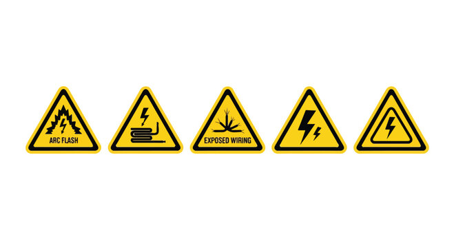 Collection of five yellow triangular warning signs indicating electrical hazards and safety precautions