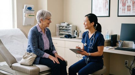 Fototapeta premium A senior woman visiting a doctor for a medical consultation, clean exam room, attentive interaction and soft clinical light, reassuring healthcare atmosphere, ultra-realistic, no logos.