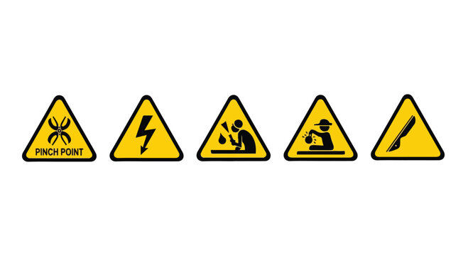 Collection of yellow triangular warning signs indicating electrical hazard, pinch point, and sharp object danger