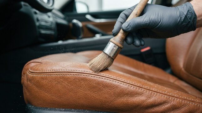 A brush removing dust from a leather car seat during daytime, supple material, stitching and careful cleaning detail in close-up, ultra-realistic, no logos.