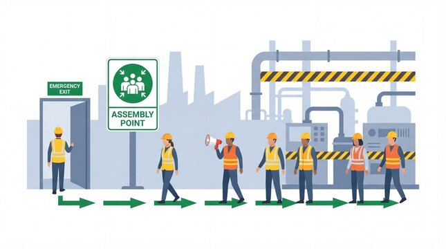 Industrial workers following safety procedures to assembly point