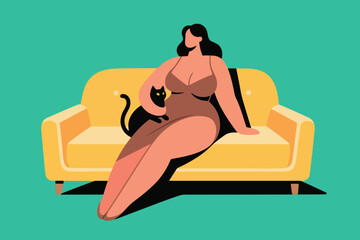 Fototapeta premium Flat Vector Woman Sitting On Sofa Accompanied By Black Cat Illustration Creative Design Template 