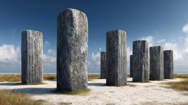 A serene landscape features towering stone monoliths arranged in a circle, set against a clear blue sky, This image is suitable for themes of history, archaeology, and spirituality,