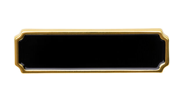 Rectangular black plaque with ornate gold border, isolated on transparent background
