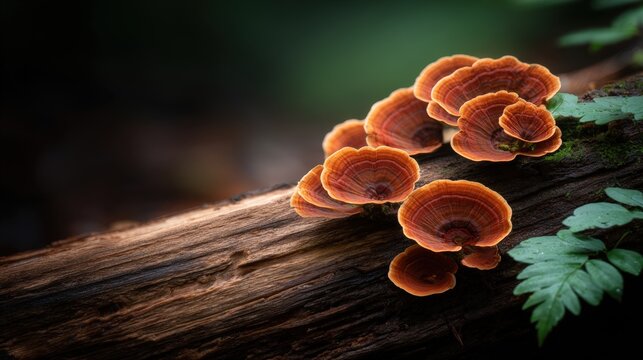 A close-up view of vibrant orange mushrooms growing on a decaying log, surrounded by lush green ferns, This image is perfect for nature-related projects, ecological studies