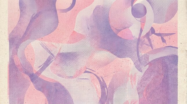 An abstract risograph background in pastel pink and purple with halftone overlay and printmaking texture, soft faded tones and a stylish analog mood, ultra-realistic, no logos.