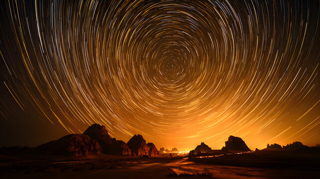 Golden desert night sky with circular star trails and amber horizon in cinematic landscape