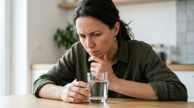 A person looking suspiciously at a glass of water, close-up composition, clean background and cautious health-focused mood, ultra-realistic, no logos.