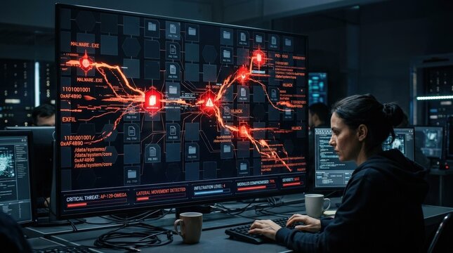 Malicious code visualized over modular data blocks, dark interface tones, fragmented digital layers and ominous light accents, tense cyber-security atmosphere, ultra-realistic, no logos.