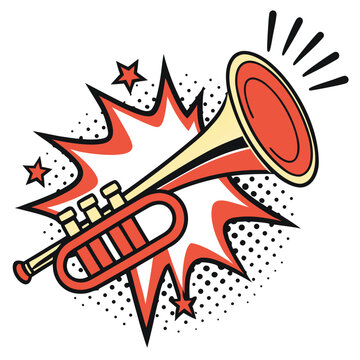Vintage style trumpet blowing with pop art dots.