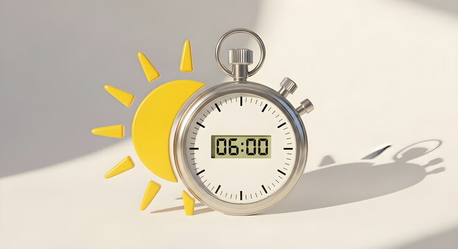 3D illustration of a silver stopwatch with a yellow sun symbol representing daylight saving time