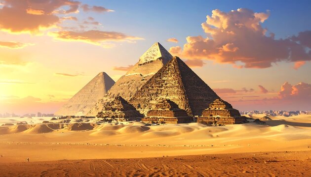 Ancient desert pyramids at sunset with sandy dunes