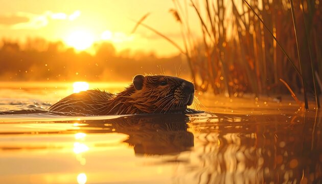 A serene beaver swims in a lake during sunset
