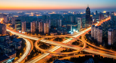 Obraz premium Vibrant cityscape at dusk with modern skyscrapers and bustling streets