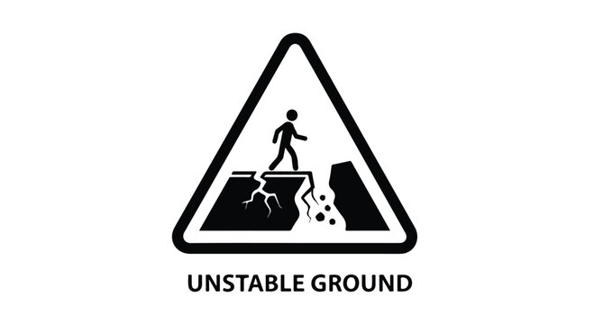 Warning sign indicating unstable ground with a person walking carefully across a cracked and collapsing surface