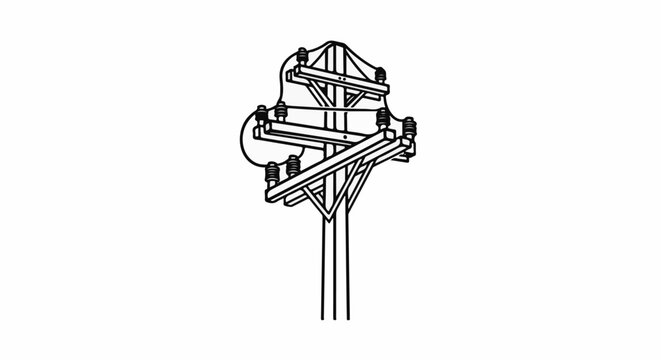 Detailed line art illustration of a utility pole with multiple crossarms and insulators