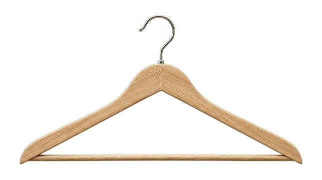 A wooden clothes hanger isolated on a transparent background, smooth natural grain, simple closet organization object, clean minimal styling, ultra-realistic, no logos.