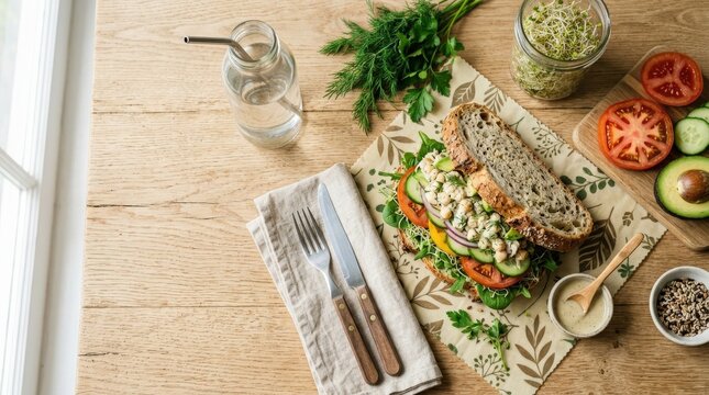 A vegan sandwich flat lay with eco-friendly ingredients, rustic bread, fresh greens, sliced vegetables, and reusable wrapping on a clean surface with copy space, soft natural light, fresh sustainable