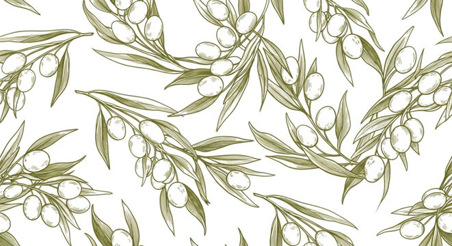 Olive branch seamless pattern, green leaves and olives, botanical vector design, natural texture