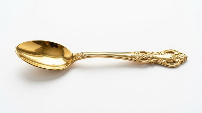 A vintage golden teaspoon isolated on a white background, elegant dining utensil with polished metallic shine and timeless kitchen charm, ultra-realistic, no logos.