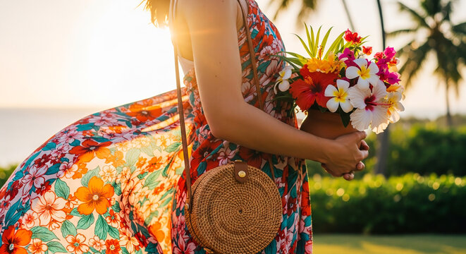 Woman in a floral dress holding a bouquet of tropical flowers with a straw bag on her shoulder at sunset.