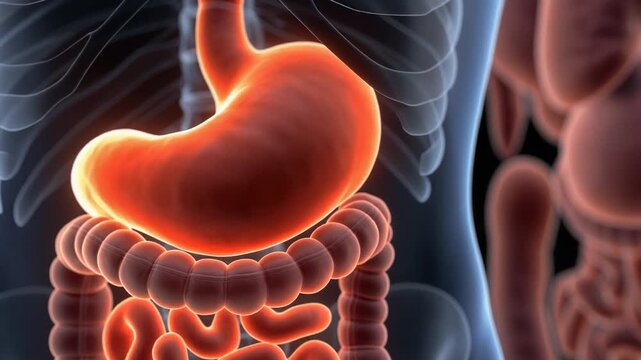 "Human digestive system highlights stomach and intestines in vivid orange, symbolizing anatomy, function, and the intricate pathways of human physiology and health."