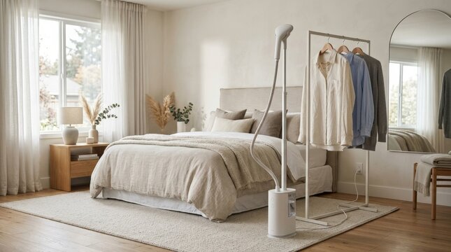 A sleek white garment steamer in a modern bedroom, soft fabrics, elegant neutral tones and calm domestic light, ultra-realistic, no logos.