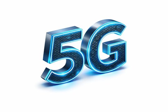 A shiny, futuristic 3D "5G" text with a blue metallic and hexagonal pattern design on a white background.