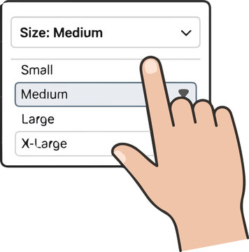 An illustrative hand clicks on a dropdown menu to select the "Medium" size option for a product.
