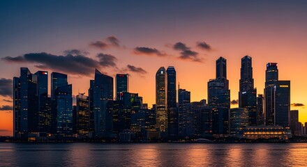 Fototapeta premium Vibrant sunset illuminates a modern city skyline with towering skyscrapers reflecting in calm water.