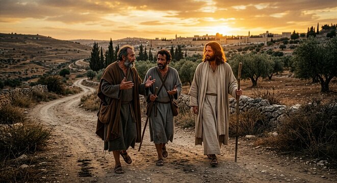 Zmartwychwstały Jezus rozmawiający z uczniami w drodze do Emaus