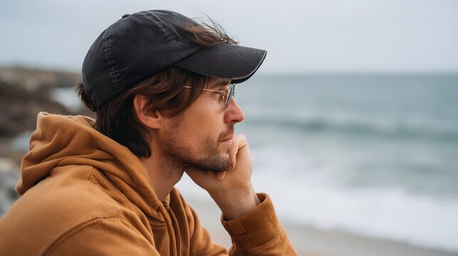A pensive man standing on the beach contemplating the vast ocean while deep in thought and surrounded by natural coastal scenery