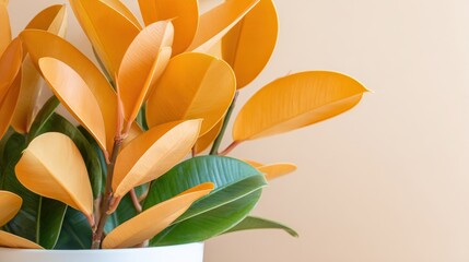 Obraz premium A vibrant arrangement of orange leaves in a white pot against a soft peach background, perfect for home decor, nature themes, or wellness-related content, Ideal for blogs, magazines