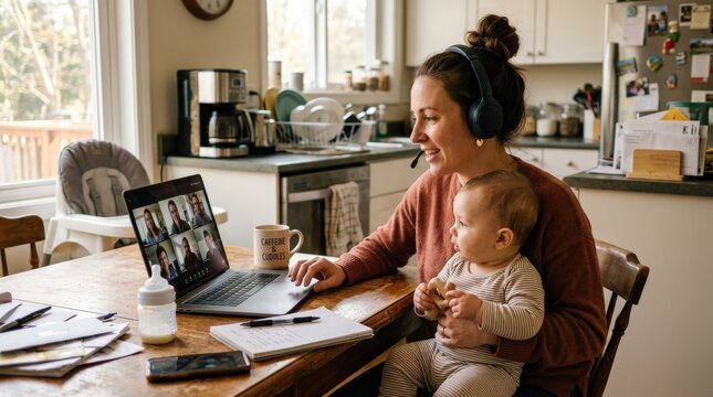 A work-from-home mom holding a baby during a video call in the kitchen, laptop open, everyday clutter, warm natural light and a candid multitasking atmosphere, ultra-realistic, no logos.