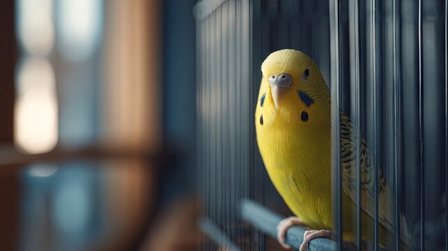A budgie sits near a cage in a modern apartment