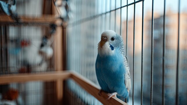 A budgie sits near a cage in a modern apartment	