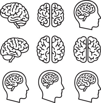 Minimalist Human Brain and Head Silhouette Vector Icons Set