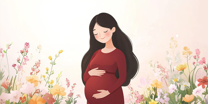 Cartoon illustration of a happy pregnant woman touching her belly and the concept of having a second child