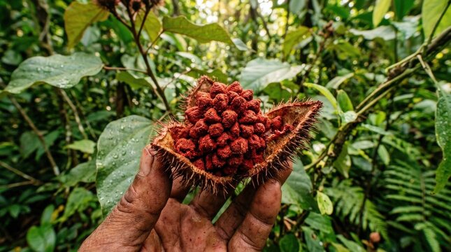 Urucum seeds from an Amazon rainforest plant used for red achiote dye, richly textured seeds in a close natural composition near Belem, earthy ethnobotanical atmosphere with warm daylight,