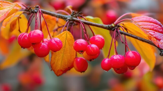 Vibrant Cluster of Ripe Scarlet Berries Adorned with Dew Drops on a Branch with Golden Autumn Foliage Illuminated by Soft Natural Light