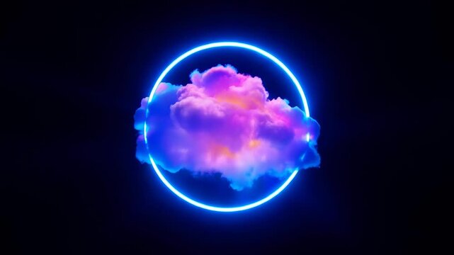 Purple cloud inside a glowing blue neon circle frame floating in dark space background
