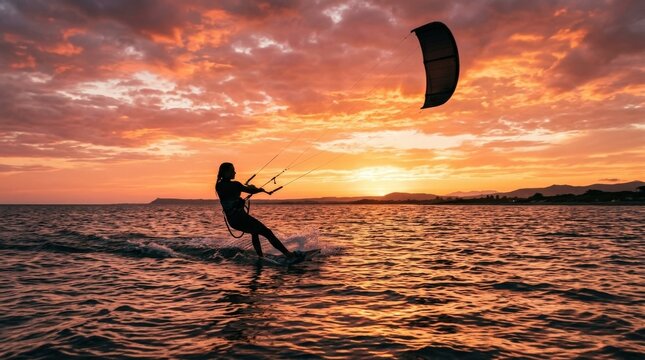 Silhouette of a girl kitesurfing at sunset, glowing sky, rippled water and graceful motion against the horizon, warm backlight and dreamy adventurous atmosphere, ultra-realistic, no logos.