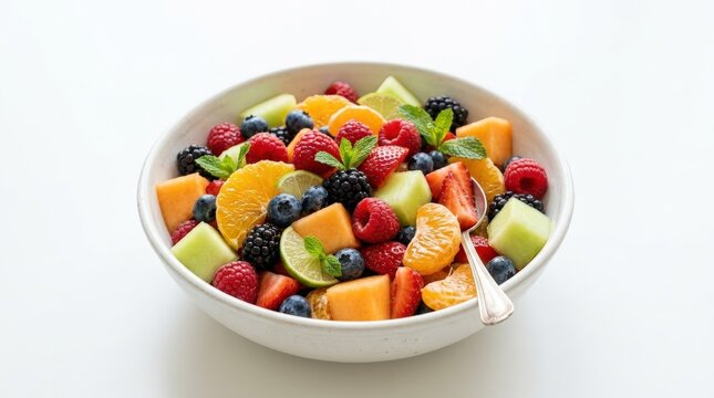 A bowl of fruit salad with mixed berries, melon, and citrus on a clean white background, juicy textures, bright studio light, refreshing lighthearted atmosphere, ultra-realistic, no logos.