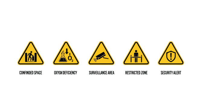 Set of five yellow warning signs with icons for confined space, oxygen deficiency, surveillance, restricted zone