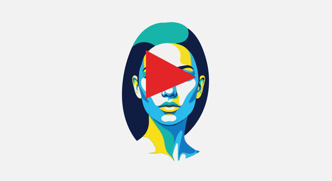 Colorful abstract face with a red play button overlay