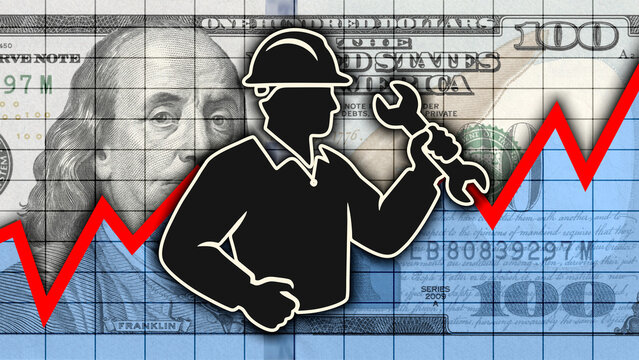 Bauarbeiter mit Schraubenschl&uuml;ssel auf US Dollar-Banknote mit steigendem Graph