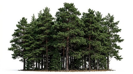 Fototapeta premium Group of tall pine trees isolated on white background, layered evergreen canopies and natural forest density, crisp botanical realism, ultra-realistic, no logos.