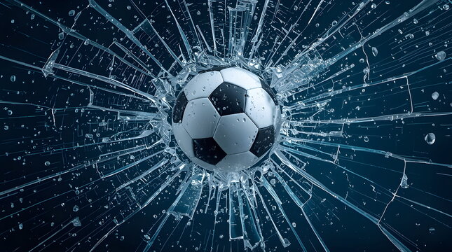 Dynamic Football Impact Breaking a Glass Window in 3D Illustration